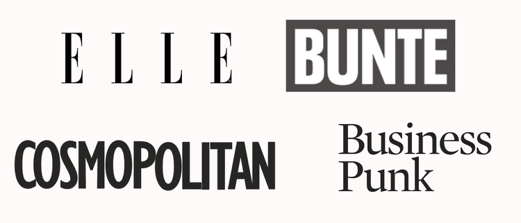 4 press logos of the magazines: Elle, Bunte, Cosmopolitan, Business Punk