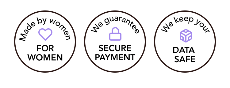Three badges with text. Badge one: Made by women for women. Badge two: We guarantee secure payment. Badge three: We promise data security.