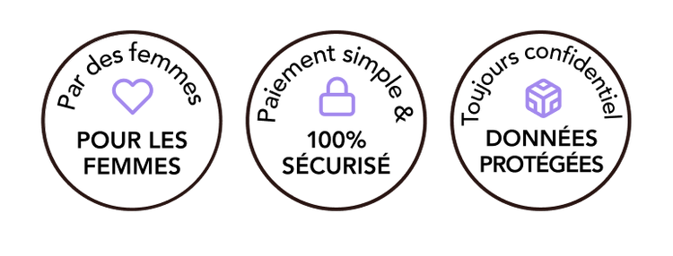 Trois badges avec du texte à l’intérieur. Badge un : Fait par des femmes pour des femmes. Badge deux : Nous garantissons un paiement sécurisé. Badge trois : Nous promettons la sécurité des données.